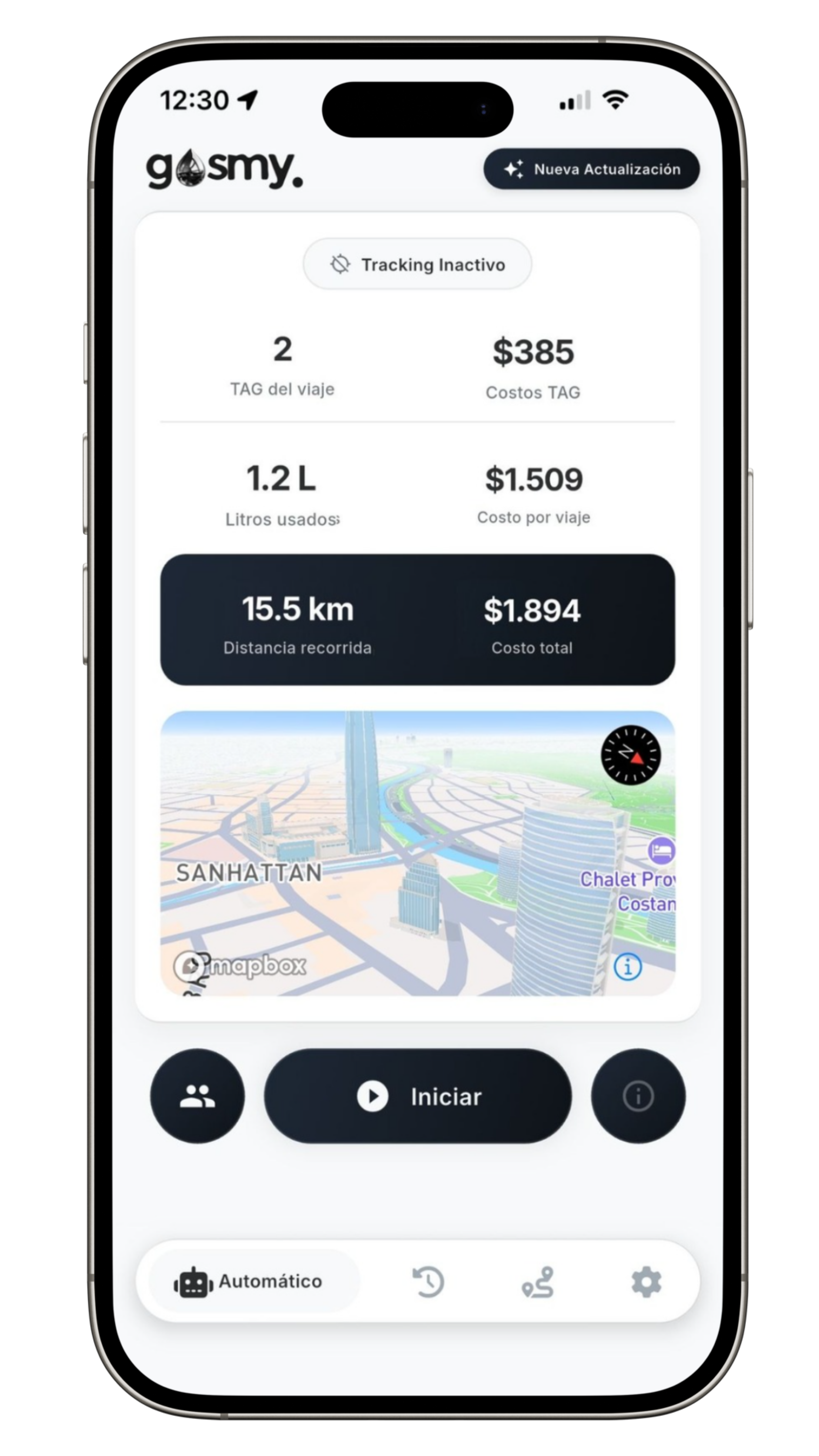 gasmy. App en iPhone mostrando TAG BIP y gastos